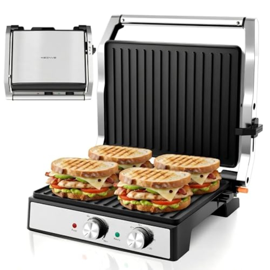 Sandwich Press Grill - เครื่องทำแซนด์วิชแบบกด Panini พร้อมตั้งเวลาและอุณหภูมิ ขนาดใหญ่สำหรับ 4 ชิ้น