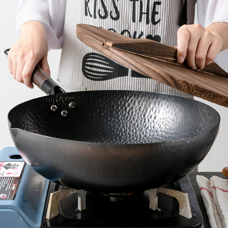 Wok Electric Flat - กระทะเหล็กคาร์บอน 32 ซม.ผัดชุดกระทะพร้อมฝาปิดไม้ Non-Stick ด้านล่างแบนกระทะสําหรับไฟฟ้าเหนี่ยวนําและแก๊สเตา