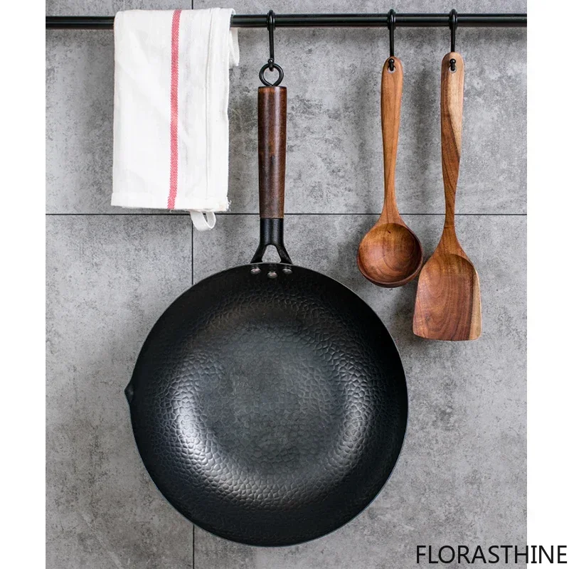 Wok Electric Flat - กระทะเหล็กกล้าคาร์บอนขนาด 32 ซม. พร้อมฝาไม้ ชุดกระทะผัดก้นแบนแบบไม่ติดกระทะ สำหรับเตาไฟฟ้าและเตาแก๊ส