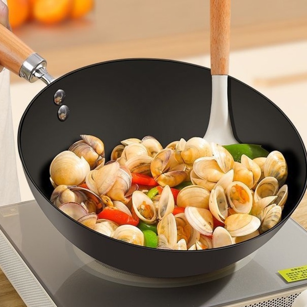 Wok Electric Flat - กระทะเหล็กหล่อขนาดสำหรับหนึ่งคน ตัวกระทะทำจากเหล็กดัด ฐานแบนสำหรับเตาแม่เหล็กไฟฟ้า เตาแก๊ส เตาไฟฟ้า กระทะผัด