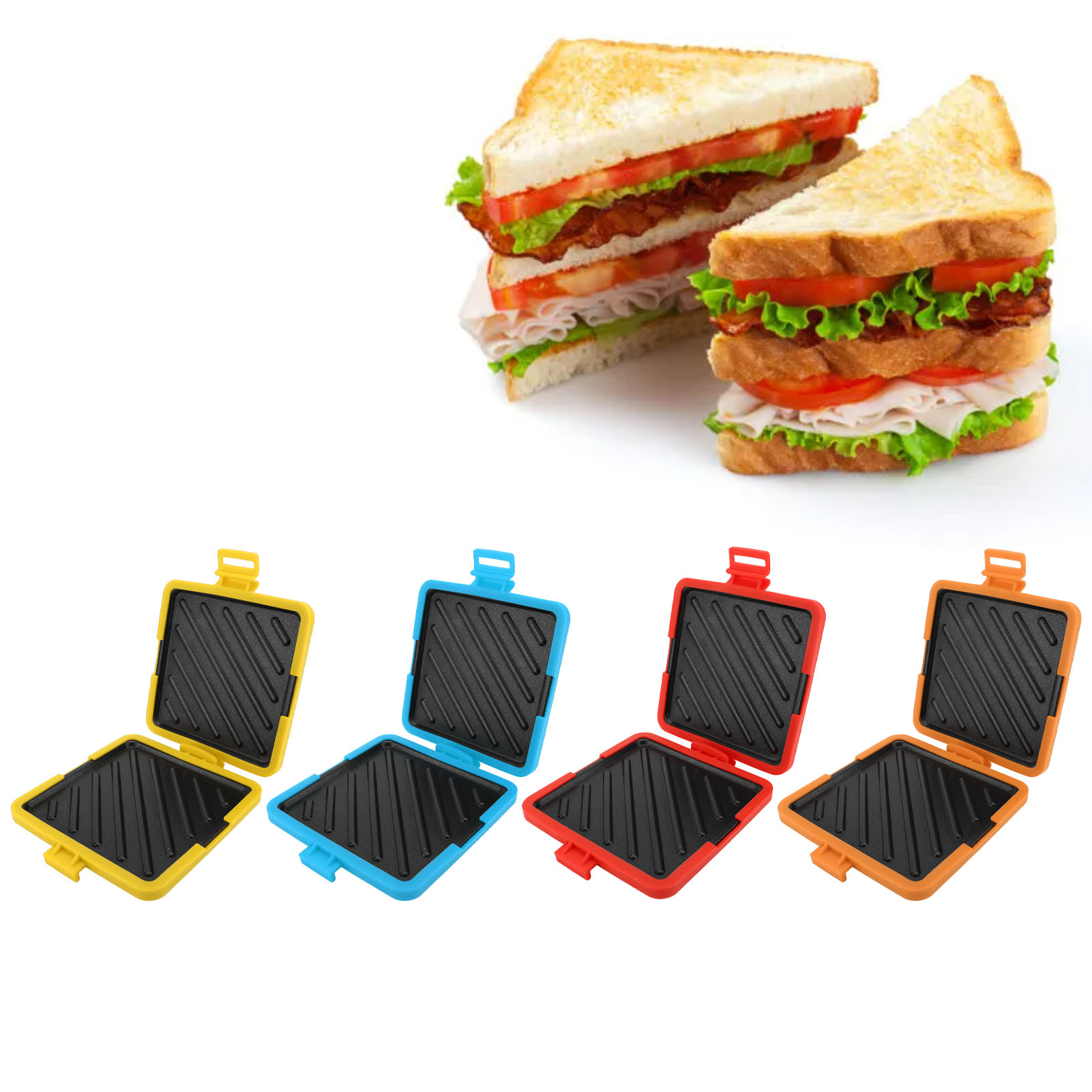 Sandwich Press Grill - เครื่องทำขนมปังปิ้งในไมโครเวฟ เครื่องทำแซนวิชขนมปังปิ้งในไมโครเวฟ เครื่องปิ้งขนมปังแบบไมโครเวฟพร้อมสายรัดซิลิโคนปรับได้ ไม่ใช้ไฟฟ้า ไร้สาย