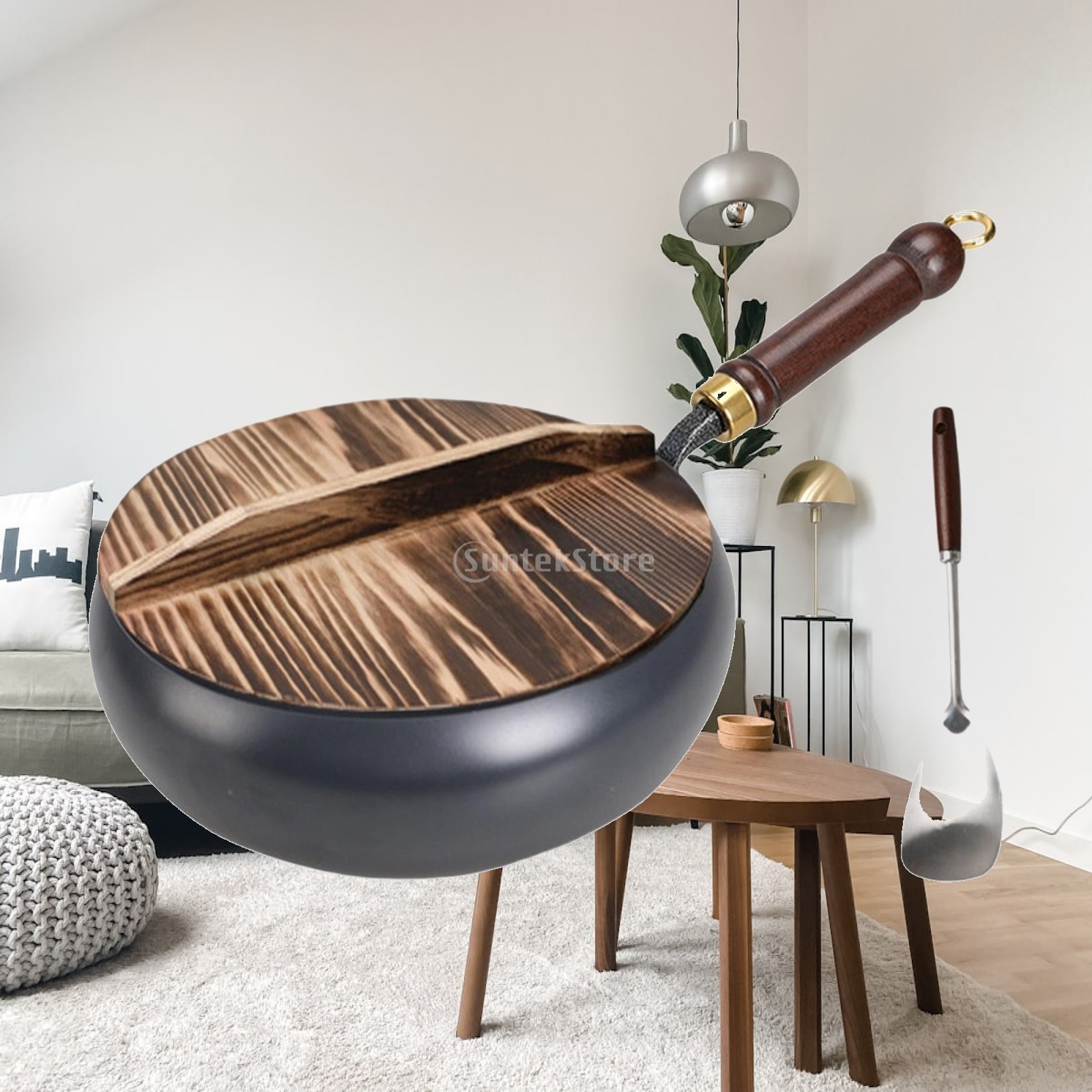 Wok Electric Flat - กระทะผัดเหล็กเคลือบกันติด ก้นแบน ลึก พร้อมตะหลิวและฝาปิด สำหรับเตาไฟฟ้าและเตาแก๊ส ใช้ในครัว